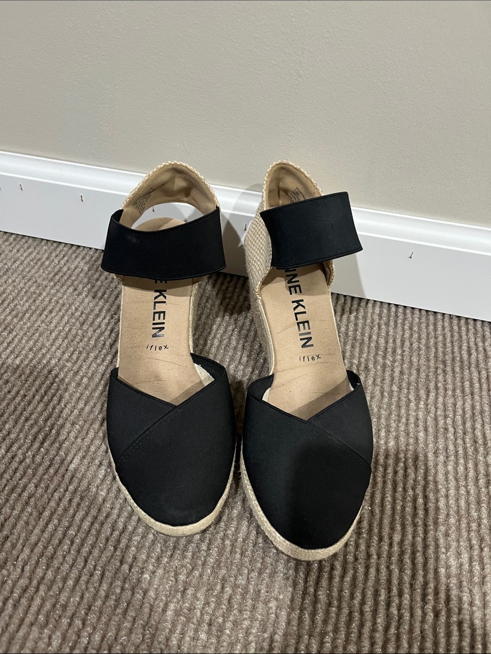 Anne Klein Black Espadrille Wedge Sandals with Ankle Strap